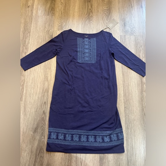 Garnet Hill Embroidered Organic Cotton 3/4 Sleeve Knit Dress Blue pocket Sz. XS - Picture 1 of 6